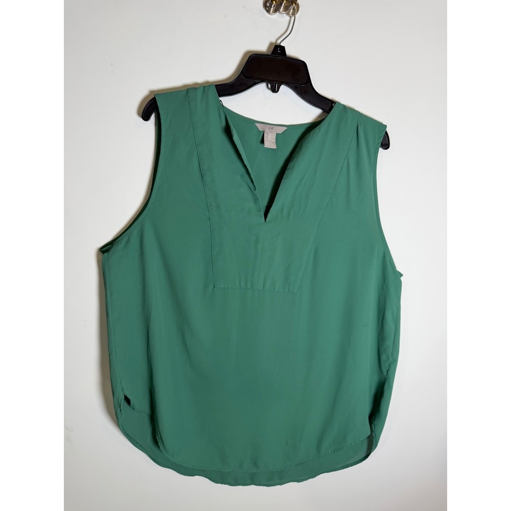HM Green Sleeveless V-Neck Blouse Bib Detail Curved Hem Top Large